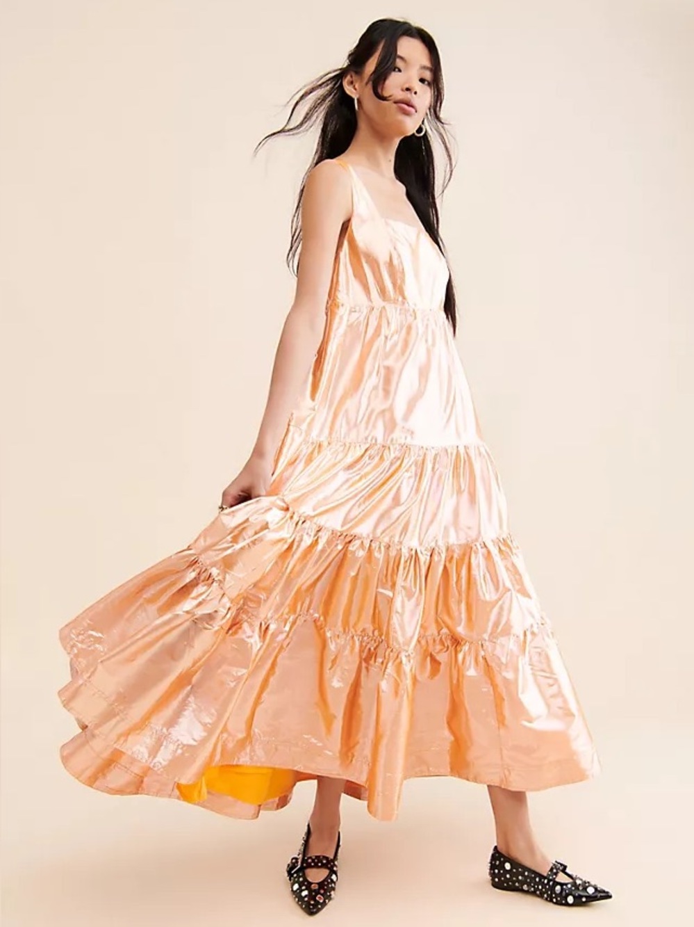 Let Me Be Metallic Peach Satin Tiered Dress